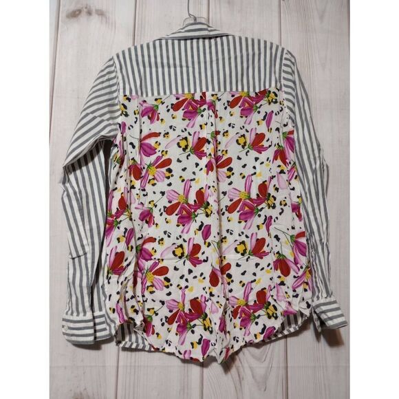 Taloni Collection Shirt Ladies Extra Small Gray White Floral Button Front Long S - Picture 2 of 8